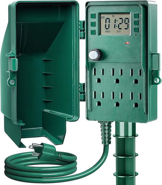 SURAIELEC Outdoor Power Stake, 7-Day Programmable Digital Timer, Power Strip Weatherproof, 6 Multi Plug Electrical Outlet Waterproof, 6FT Extension Cord, for Outside Yard Light, Christmas Decorations