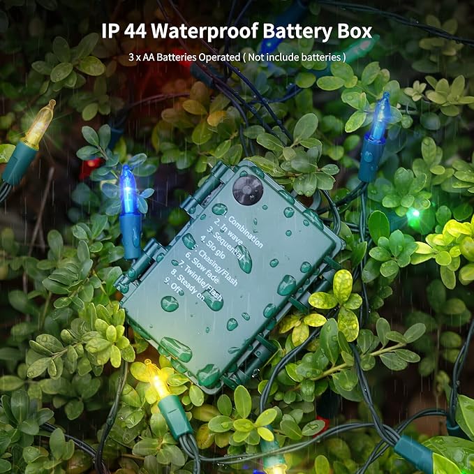 WATERGLIDE 2 Pack 50 LED Outdoor Christmas Lights, 16FT Battery Operated Mini String Lights with 8 Modes & Timer, Xmas Tree Lights Waterproof for Patio Garden Party Wedding Holiday Decor, Multicolor