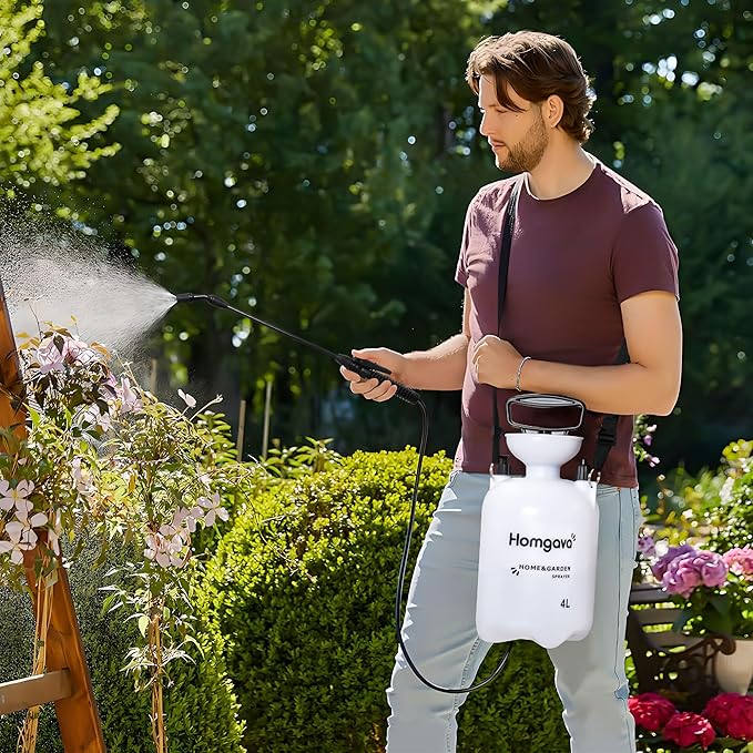 1 Gallon/4L Pump Sprayer, Pressurized Water Spray Bottle with 2 Nozzles, Adjustable Shoulder Strap & Safety Valve, Lawn and Garden Sprayer for Watering, Fertilizing, Cleaning