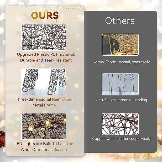 3-Piece Large Pre-Lit Christmas Deer Family Set Outdoor Yard Decorations, 55" Tall Frosted Rattan Deer Lighted Holiday Displays with 350 Warm LEDs, Stakes & Zip Ties for Front Door Garden Lawn