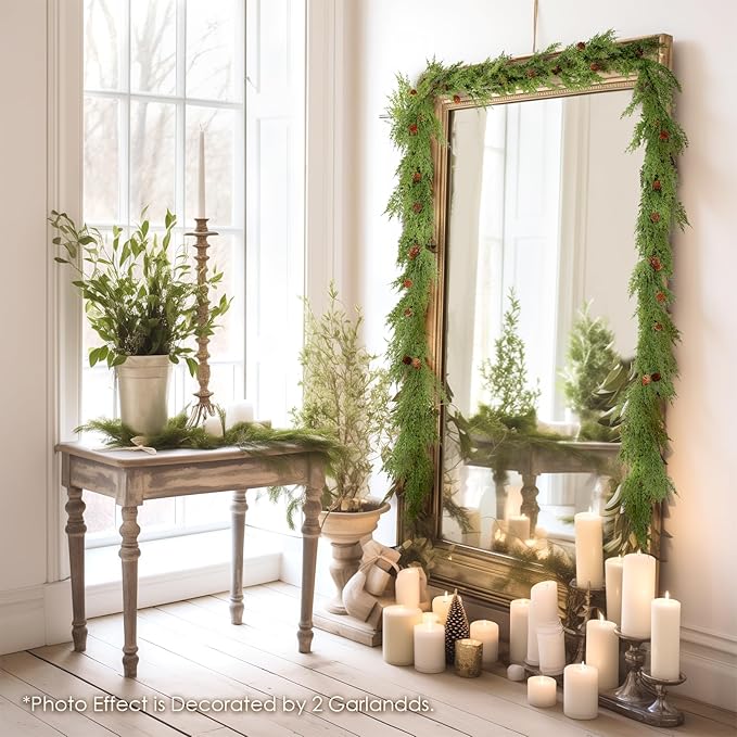 WBHome Real Touch Cypress Cedar & Pine Cone Evergreen Garland for Christmas Holiday Seasonal Outdoor/Indoor Home Decor, 9FT Long
