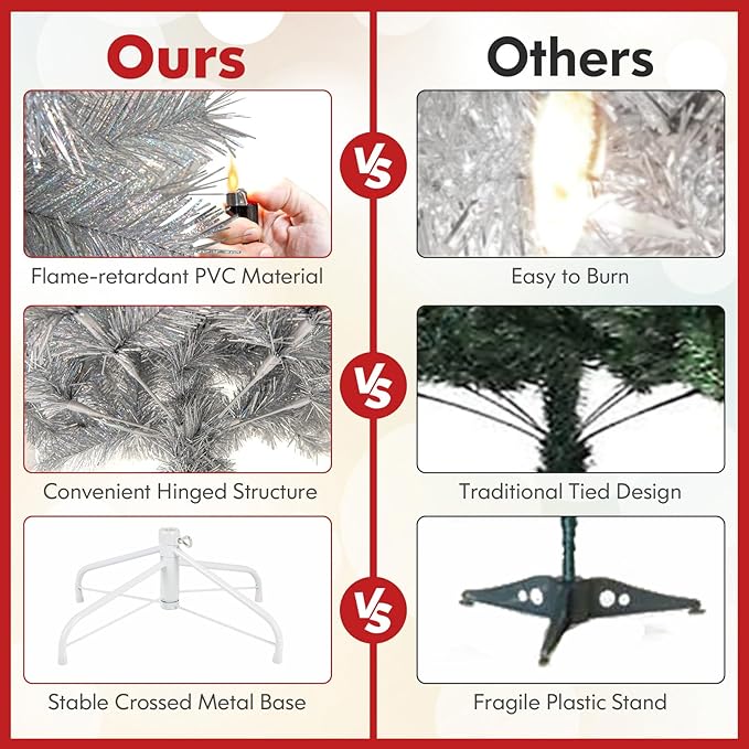 Goplus 5ft Pre-Lit Silver Tinsel Christmas Tree, Artificial Xmas Tree with 385 Branch Tips, 170 Warm White LED Lights, Upgraded Metal Stand, for Home Office Decor