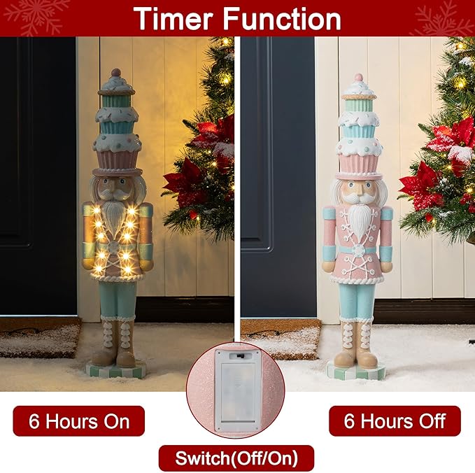 Glitzhome Christmas Front Porch Decor, Lighted Macaron Pink and Blue Resin Xmas Cupcake Nutcracker Porch Decor w/Timer for Indoor Outdoor Patio Standing Decor, 28" H
