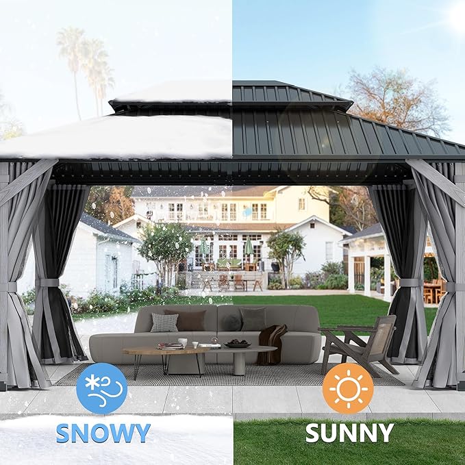 12'x16' Hardtop Wood Gazebo, Outdoor Double Roof Galvanized Steel Top Gazebo with Wooden Post, Curtains & Netting for Backyard, Patio, Deck (12x16 FT)