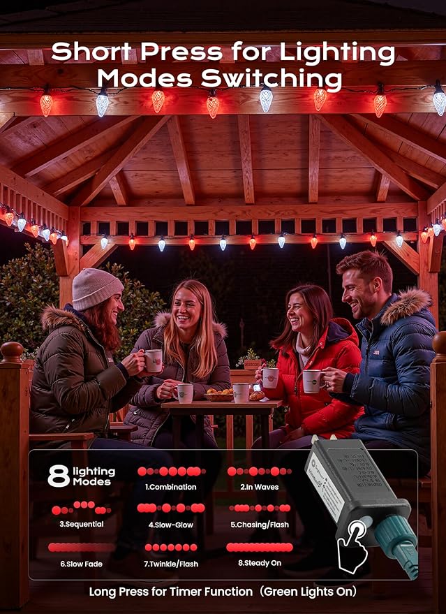 C9 Christmas Lights Outdoor, 100 FT 150 LED Connectable C9 String Lights with 8 Modes and Timer Xmas Tree Patio Roofline Garden Yard Holiday Party Indoor Outdoor Decoration, Red and White