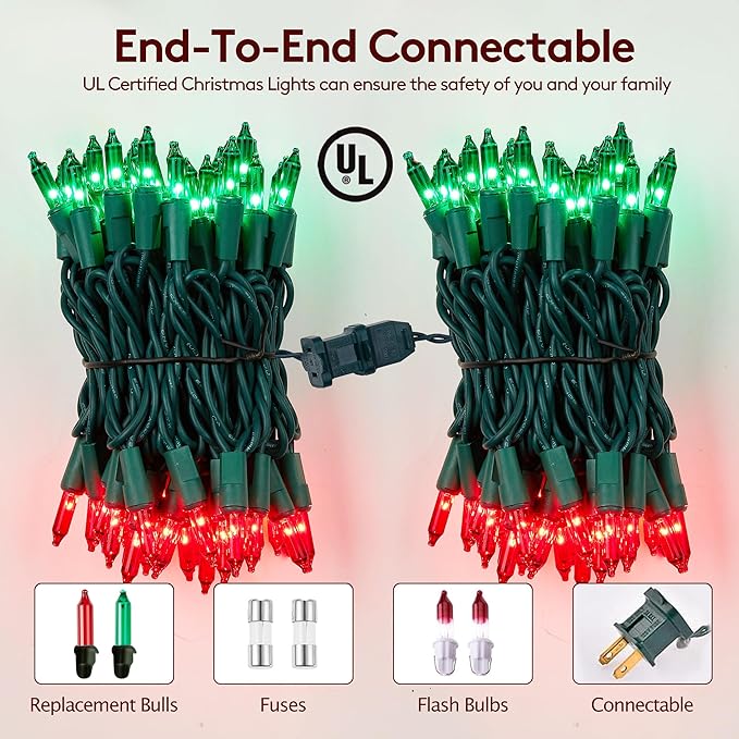 Red and Green Christmas Lights 100 Count Incandescent Light UL Certified Connectable Christmas Tree Lights with Green Wires for Indoor Outdoor Xmas, Wedding, Holiday, Party, Home Decorations