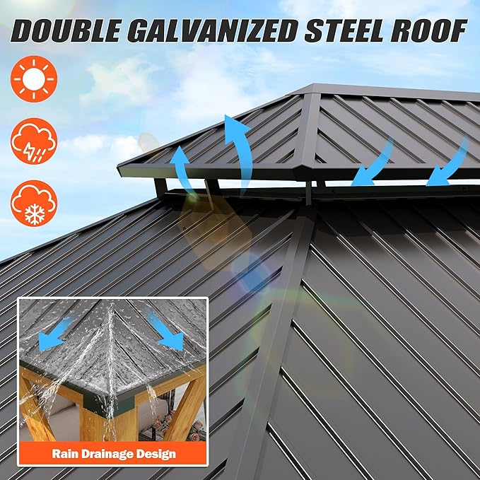 11'x13' Wood Gazebo, Spruce Wood Hardtop Gazebo with 2 Storage Shelves, Double Galvanized Steel Roof Outdoor Wooden Pavilion for Deck, Garden, Backyard