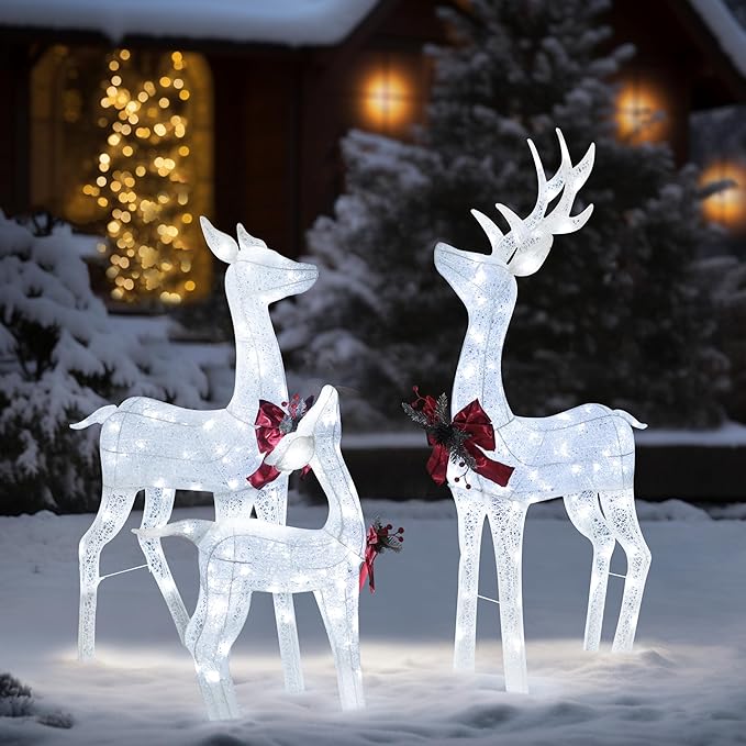 MUPATER Outdoor Christmas Decoration Lighted Deer Family Set Indoor, Christmas Holiday Yard Decor 3-Piece Set for Lawn and Home Party with Lights, Ground Stakes and Zip Ties, White
