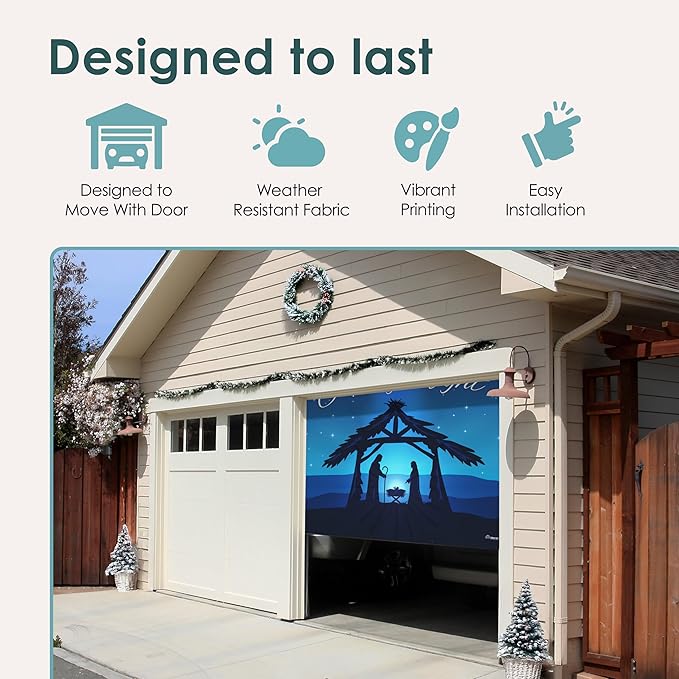 7' x 8' Peaceful O Holy Night Nativity Garage Door Banner - Designed to Move with Door | Sacred Christmas Single Garage Door Decoration