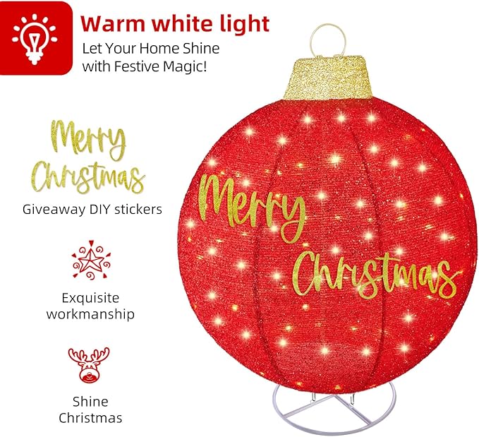 HOYECHI 3pc Lighted Pop-Up Outdoor Christmas Ornament Set – Holiday Ball Decorations with 290 LED Lights, 8 Lighting Modes, for Yard & Outdoor Christmas Decor - Red/Green/Gold