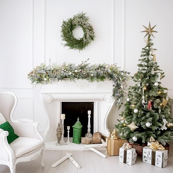 WBHome 6ft Mixed Snowy Norway Spruce & Pine Branch with Shimmy Berries Mantle Christmas Garland, Winter Flocked Garland for Christmas Holiday Seasonal Indoor/Outdoor Home Decor Mantle