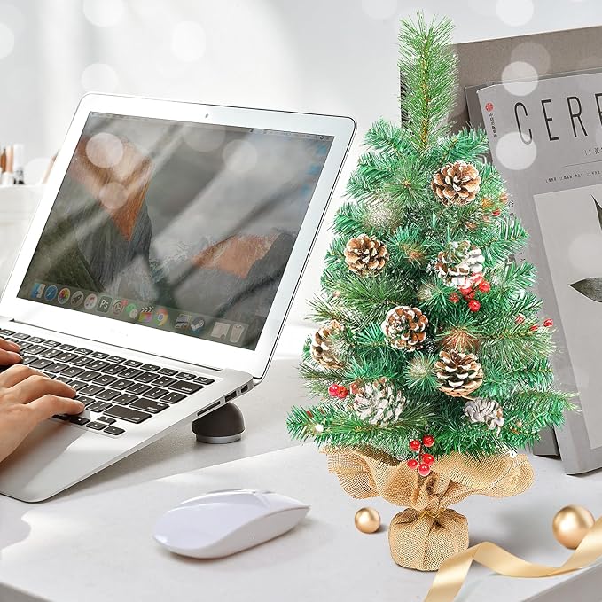 Uten Mini Pine Cone and Nut 2FT Artificial Tree with Semi-Circular Base - Small Christmas Tree for Home, Office, Party