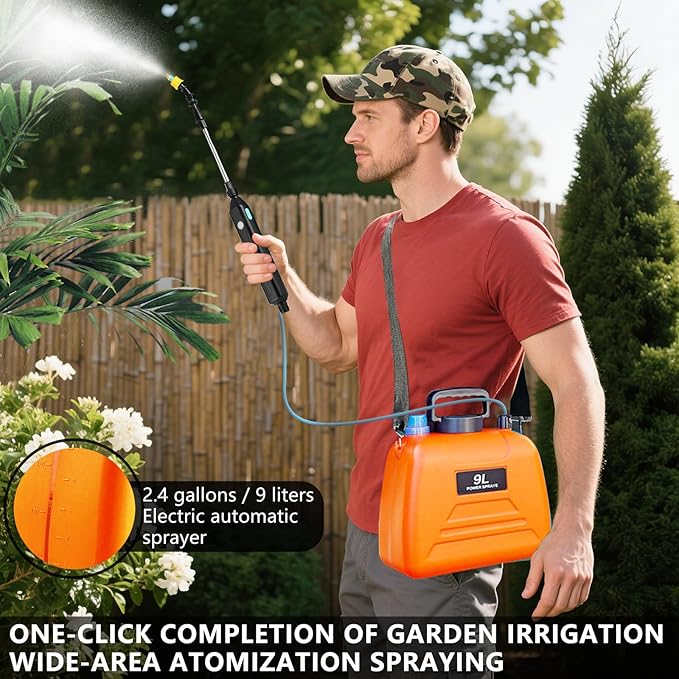 2.4 Gallon Battery Powered Sprayer, Electric Battery Operated Sprayer, Weed Power Sprayers in Lawn and Garden with Adjustable Shoulder Strap and Rechargeable Handle, 3 Mist Nozzles (Orange)