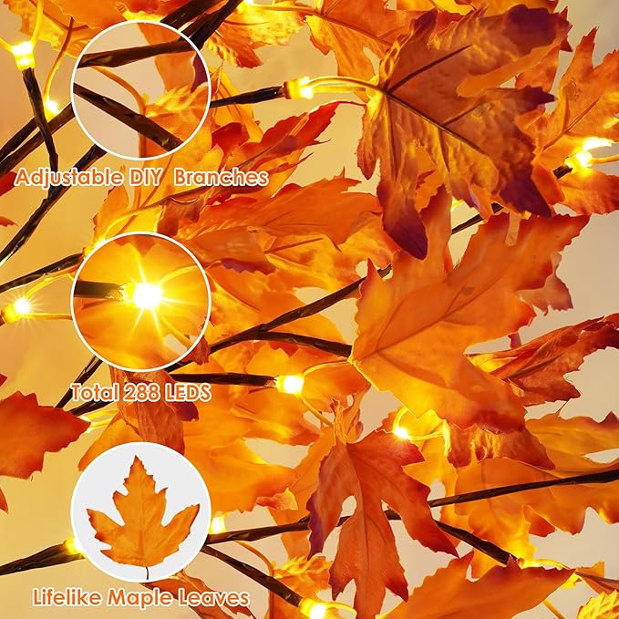 Set of 3 Pre-lit Artificial Lighted Maple Tree with Timer, 4FT 5FT and 6FT 300 LED Warm White Light up Fall Decor for Indoor Outdoor Thanksgiving Day Halloween Home Porch Party Decoration, Orange