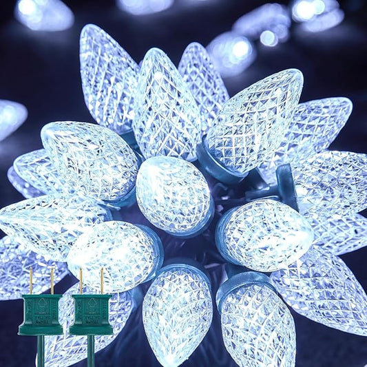 Brightown 2 Pack White C9 LED Christmas Lights Outdoor, 33ft 50 LED Waterproof Strawberry String Lights, Plug-in Extendable Green Wire Lights String for Outdoor Indoor Patio Party Decoration