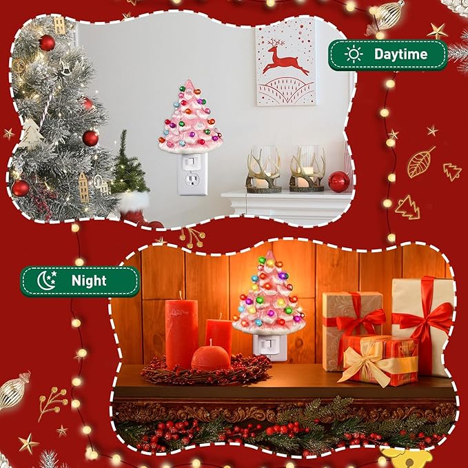 Tfro & Cile Ceramic Christmas Tree Night Light 2 Pack Xmas Decorative Tree Lamp Small Vintage Light Up Bathroom Decor with On/Off Switch for Home Bedroom