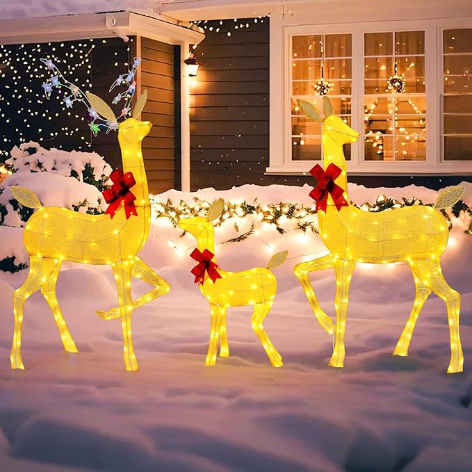 Tangkula 3 Pieces Christmas Lighted Reindeer Family Set, Indoor/Outdoor Christmas Decoration with LED Lights & RGB Flashing Lights, Ground Stakes, Light up Holiday Deer Decoration for Yard Lawn Party