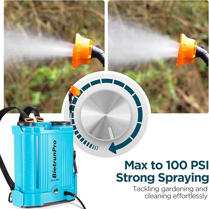 Backpack Sprayer 4 Gallon with Mixer, 100 PSI Powerful Pressure Pump Battery Powered Weed Insecticide Sprayer, Spray of 4 Hours, Telescopic Wand, 5 Nozzles, Ergonomic Backpack, for Lawn Garden, Farm