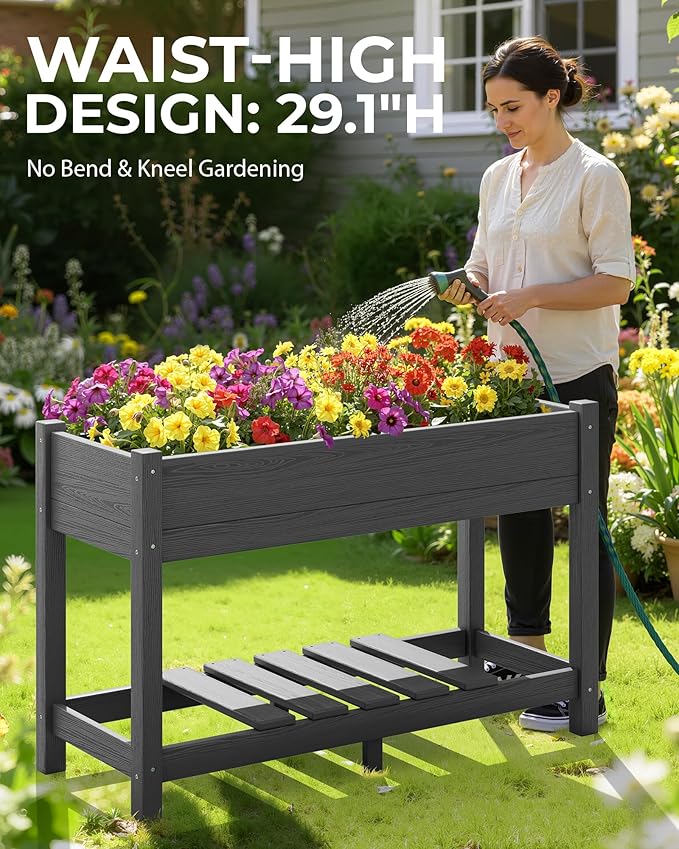 SERWALL Raised Garden Bed, HDPE Raised Bed for Gardening All Weather Use- Grey