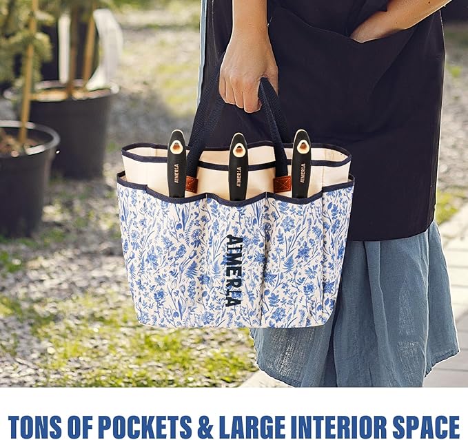 Aimerla Gardening Tool Set of 5 Heavy Duty Aluminum Garden Tools with Non-Slip Rubber Grip, Fashion Garden Bag, Durable Hand Tools for Gardener, Weeding, Gardening Gifts for Women,Men - Floral