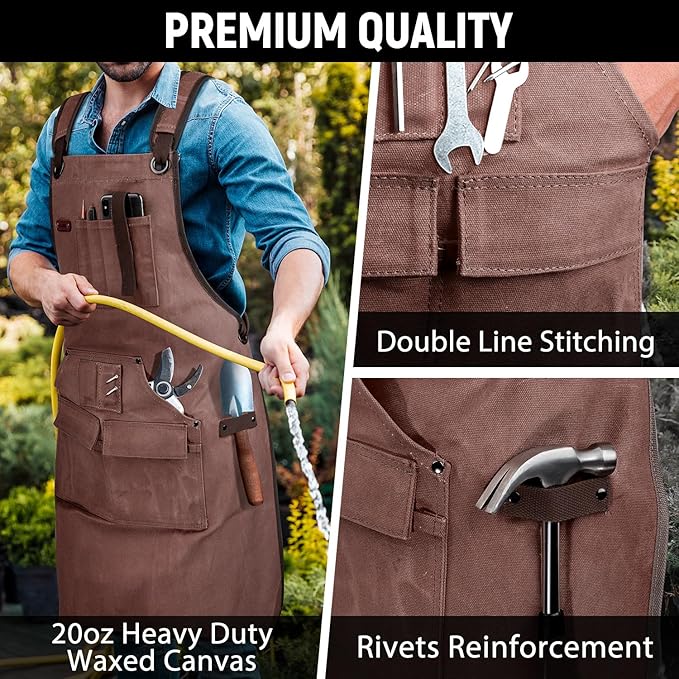 Woodworking Apron for Men, Shop Apron 20 oz Canvas Work Apron with 9 Tool Pockets, Heavy Duty Wood Working Workshop Bib Apron for Carpenter Woodworker Blacksmith, Men Gift, Adjustable to S- 3XL, Brown