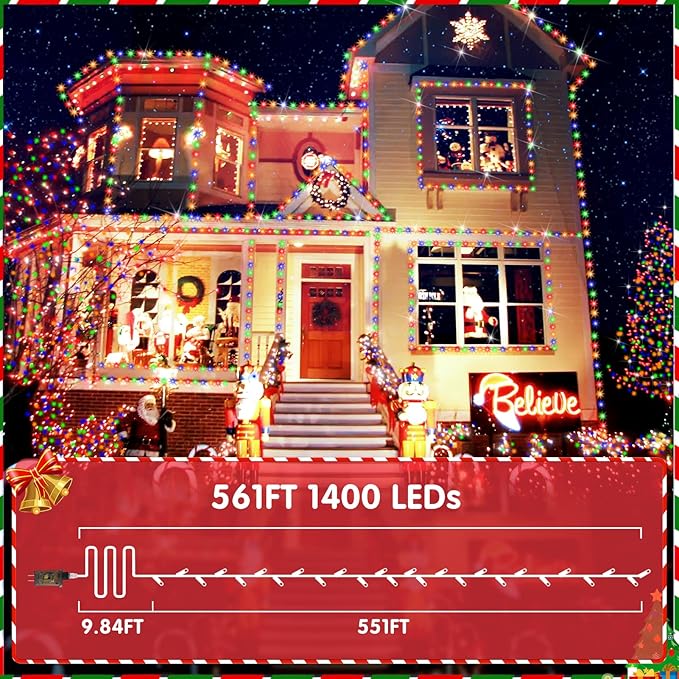 XURISEN 551FT 1400 LED Christmas Lights Outdoor Green Wire String Lights 8 Modes with Timer Memory Waterproof Fairy Light Plug in for Xmas Tree Wedding Yard Party Holiday Decorations(Multicolor)