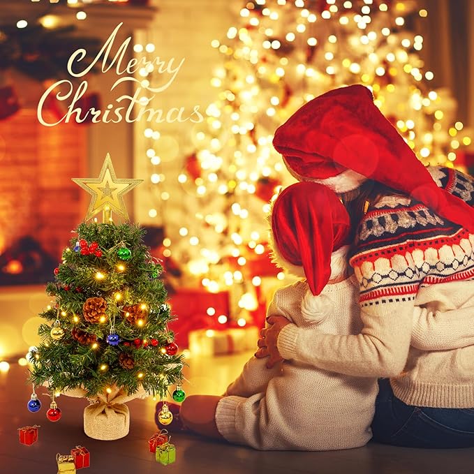 Uten Mini Christmas Tree Small Christmas Balls Round Pine Cones/red Fruits/Gift Box, Treetop Star 50 LED Waterproof Battery Box with Red Cement Base Christmas Decorations for Home, Office, Party