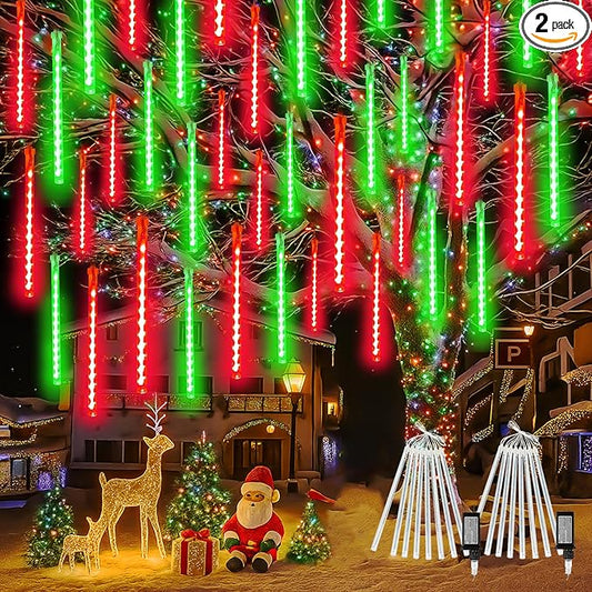 2-Pack Extendable Meteor Shower Christmas Lights Outdoor, 16 Tubes 384 LEDs Waterproof Falling Rain String Lights, Christmas String Lights Outdoor for Tree Garden Holiday Decorations (Red and Green)