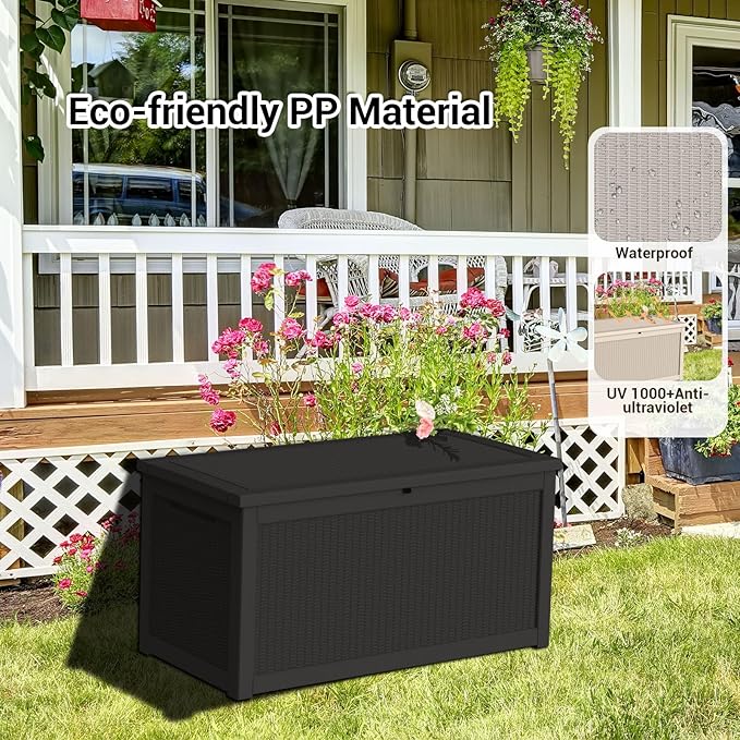 DRATO 260 Gallon Deck Box, Outdoor Large Waterproof Resin Storage Box with Lockable Lid for Patio Cushions, Gardening Tools, Black
