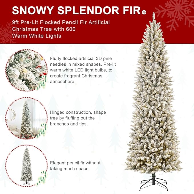 Glitzhome 9ft Pre-Lit Artificial Christmas Tree, Snowy Splendor Fir Hinged Holiday Christmas Tree Flocked Pencil Xmas Tree with 600 Warm White Lights for Home, Office, Party Decoration