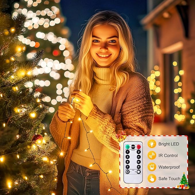 Minetom LED Christmas Lights for Indoor,39 FT 100 LED Christmas Tree Lights with Remote, USB Plug, Adapter, Warm White Mini String Light for Garland Wreath Home Garden Holiday Party Decorations