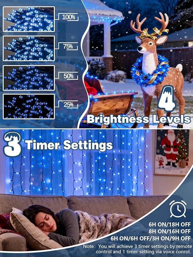 Voice Controlled Christmas Lights with Remote, 99 FT 300 LED String Lights Indoor Outdoor with 12 Modes 3 Timers, Dimmable Twinkle Light Plug in Waterproof for Xmas Tree Yard Party Decorations, Blue
