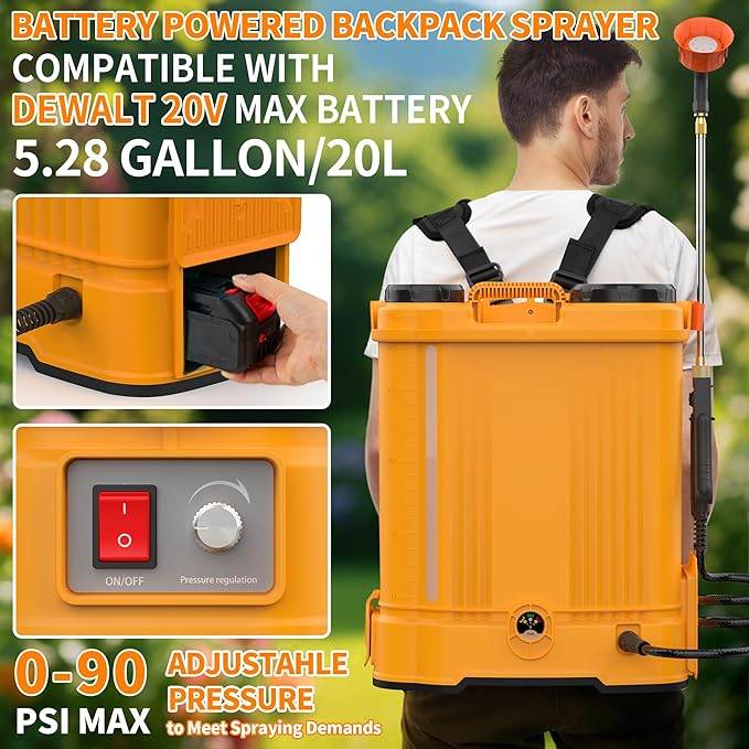 Battery Powered Backpack Sprayer 5 Gallon,90 PSI Electric Garden Sprayer with 8 Nozzles & Telescoping Wand,Weed Yard Sprayer Compatible with Dewalt 21V 2.6Ah Battery (Battery not Included)