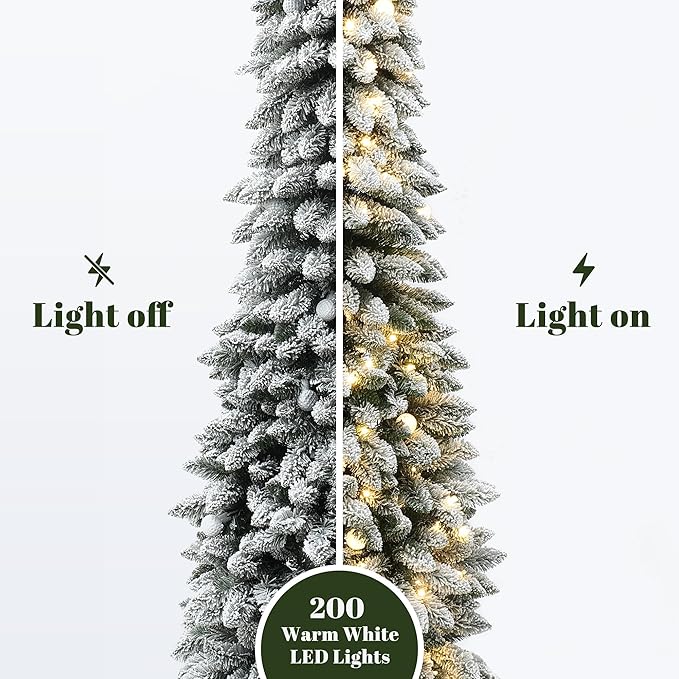 LuxenHome 7FT Flocked Christmas Tree, Slim Pencil Christmas Tree Pre-lit with 200 Warm White LED Globe Lights, Lighted Artificial Christmas Trees with Stand for Indoor, Outdoor Holiday Decorations