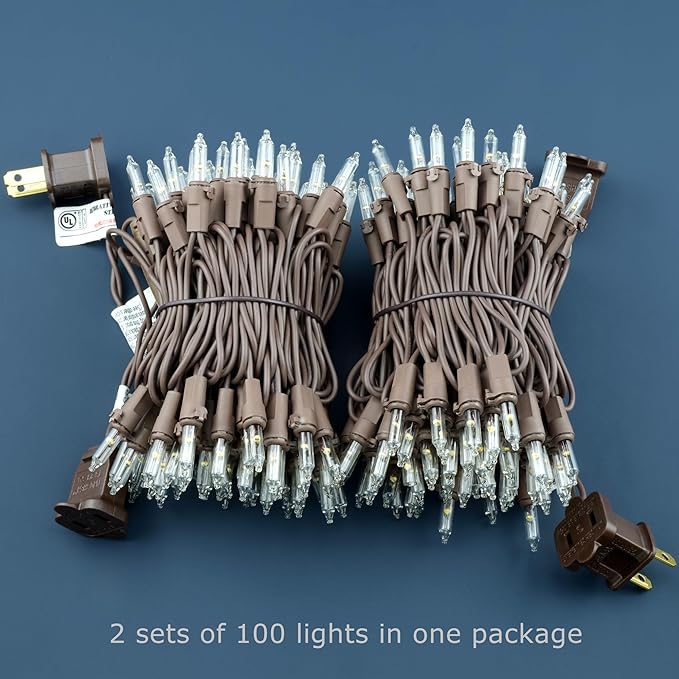 YULETIME 200 Warm White Christmas Lights, Pack of 2 Strands of 21 ft 100 Count UL Certified Mini String Light (Warm White - Brown Wire)