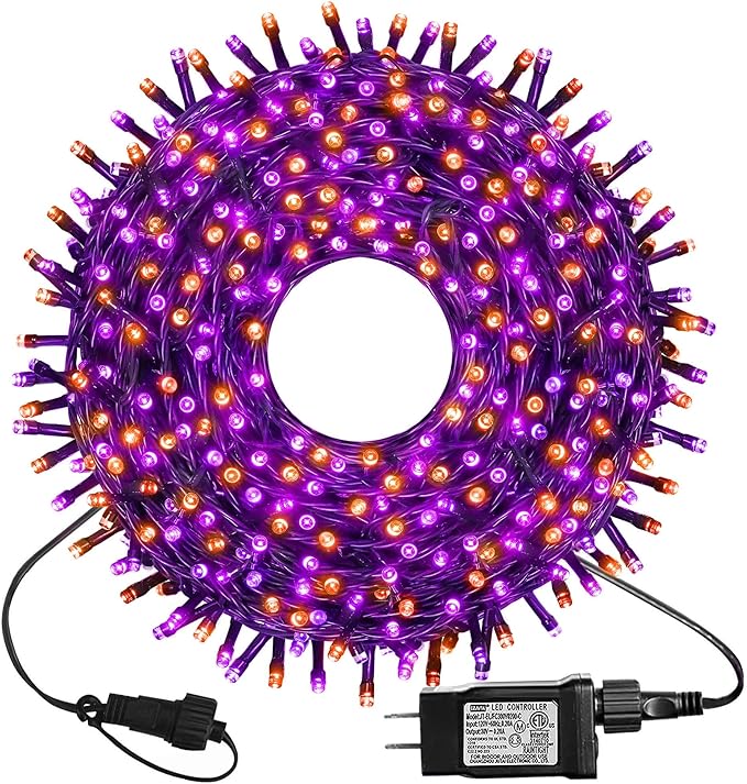kemooie 300 LED Orange&Purple Halloween Lights, 99FT Connectable 8 Lighting Modes with Memory Function Plug in, Waterproof for Outdoor Indoor Halloween Garden Roof Decorations (Purple and Orange)