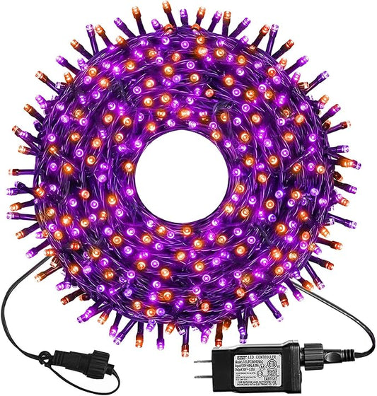 kemooie 300 LED Orange&Purple Halloween Lights, 99FT Connectable 8 Lighting Modes with Memory Function Plug in, Waterproof for Outdoor Indoor Halloween Garden Roof Decorations (Purple and Orange)
