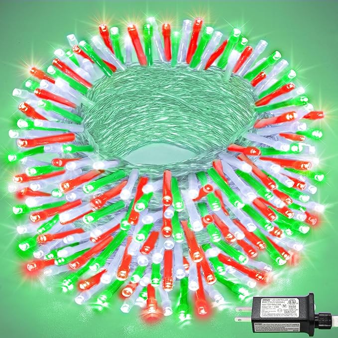 100FT 300 LED Christmas Lights Outdoor, Plug in Christmas String Lights Indoor, Waterproof & 8 Modes & Timer Function, Connectable Fairy Twinkle Light for Bedroom Patio Wedding Decor, Red White Green