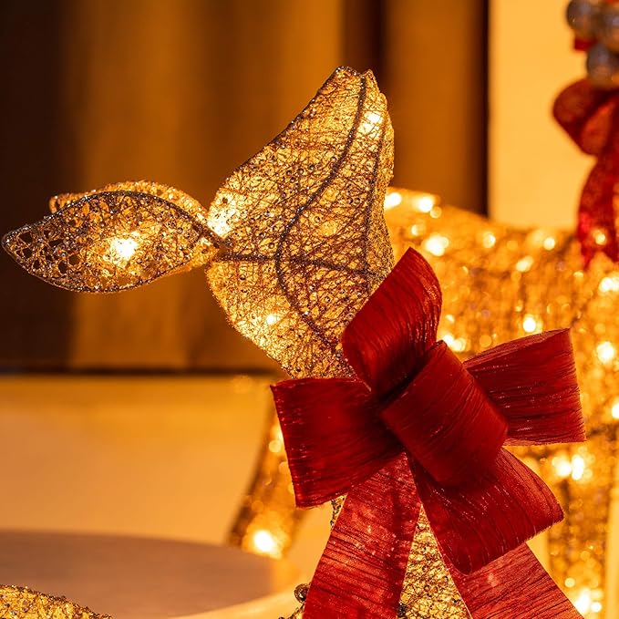 YULETIME 3-Piece Pre-Lit 3D Christmas Reindeer Family, Lighted Glitter Deer Holiday Decoration With Warm White LED Lights