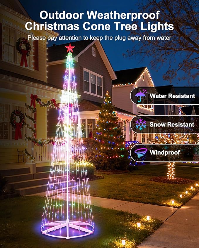 Brightown Smart Christmas Cone Tree LED Light, 12FT 443 LED Music Sync with Remote APP and Local Control, Pattern and Text Displayable, 16 Million Colors Light Show Tree for Indoor Outdoor Decorations