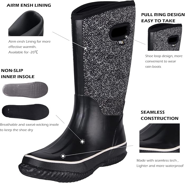 WTW Mid Calf Rain Boots for Women - Waterproof Insulated Neoprene Mud Boots Outdoor Hunting Garden Boots
