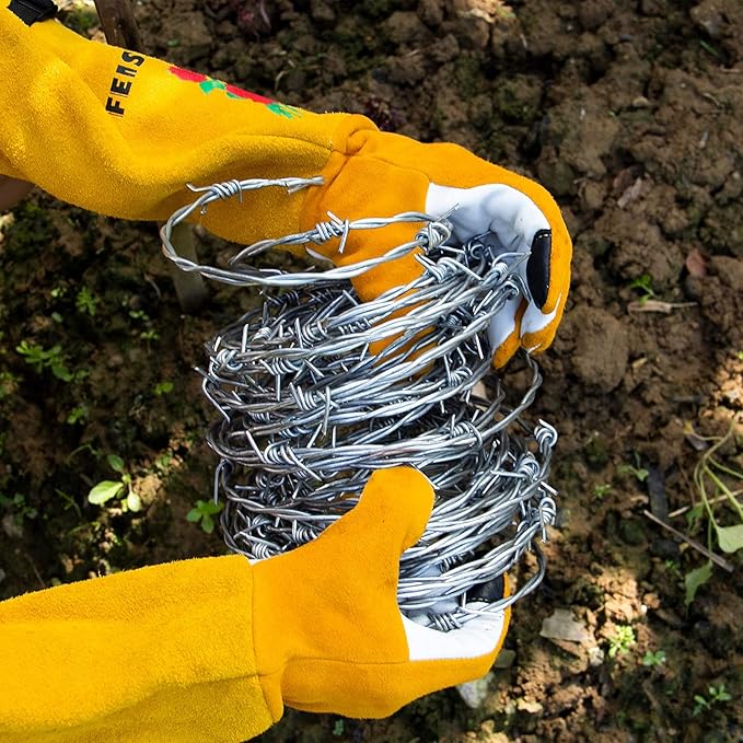 Garden Gloves Women/Men Thorn Proof, Deerskin Suede, 2 Layers Leather Rose Pruning Long Gardening Gloves for Cactus