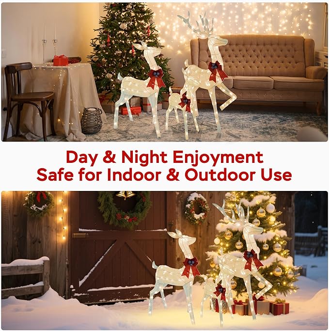 Outdoor Christmas Deer Decor 3-Piece Set, 5 FT Large Reindeer Family (Buck/Doe/Fawn) with 210 Warm White LEDs, Cotton Twine & Iron, Weatherproof Holiday Lights for Yard, Garden, Party, White