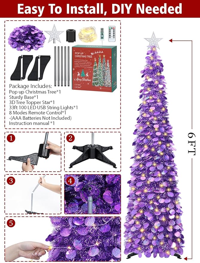 HMASYO 6 FT Pop Up Christmas Tree with 100 LED Lights & Remote, Purple Christmas Tinsel Tree, Collapsible Artificial Pencil Tree for Home Office Party Decor, USB Powered Timer Lights, Easy Assembly