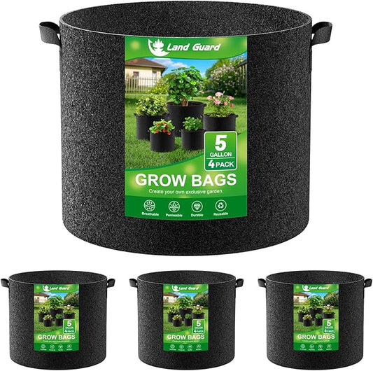 Land Guard 4-Pack Fabric Grow Bags 5 Gallon, Thickened Nonwoven Garden Pots, Growing Bags with Handles, Black