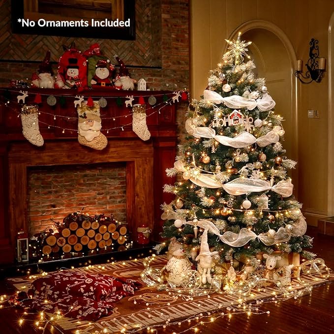 7FT Snowy Aspen Spruce Christmas Tree, Artificial Pre-lit Christmas Tree with Warm White Lights, Snow Flocked Tree with Pine Cone for Home, Office, Party Decor