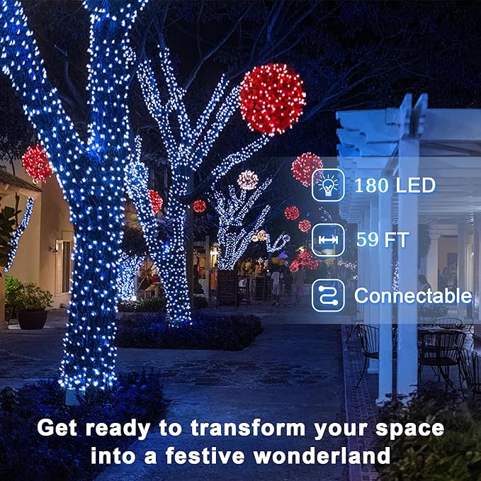 180 LED 59ft Christmas String Lights Indoor Outdoor, 8 Modes Christmas Fairy Lights with Timer & Momory, IP44 Waterproof Christmas Tree Lights for Xmas Patio Yard Fence Balcony Garden (Blue)