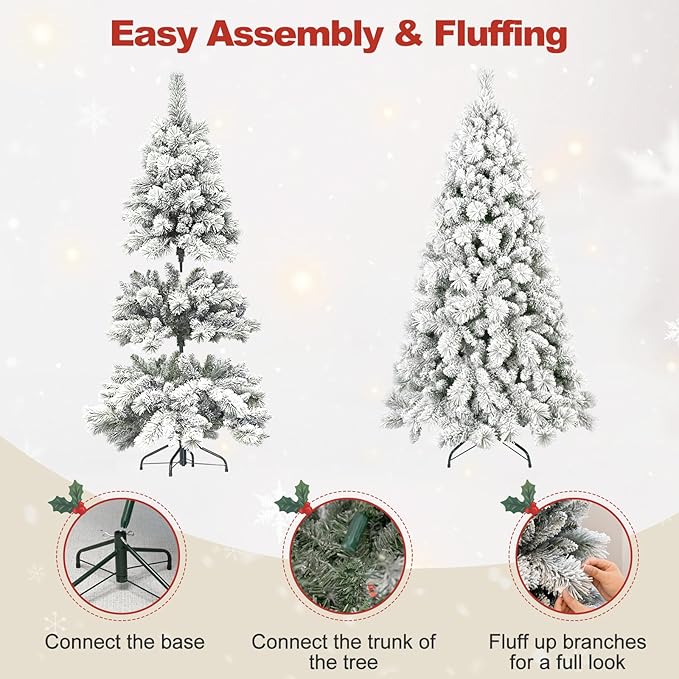 8 Ft Unlit Snow Flocked Christmas Tree, Artificial Xmas Tree with 1445 PVC/PE Realistic Branch Tips, Metal Stand Decor for Holiday, Party, Home Easy to Assemble