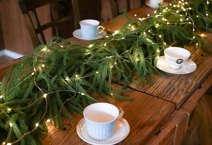 MISSPIN 9ft Christmas Garland with Lights, Real Touch Norfolk Pine Garland, Green Artificial Greenery Garland for Table, Mantle, Wall, Indoor, Outdoor Christmas Decorations