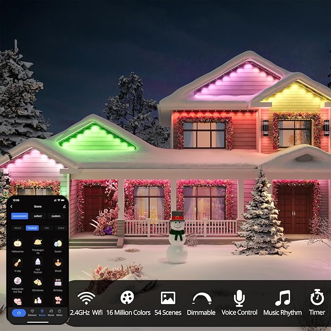 50FT Permanent Outdoor Smart RGB Color-Changing LED Eaves Lights, App Control, Perfect for Game Day, Christmas, and Daily Lighting